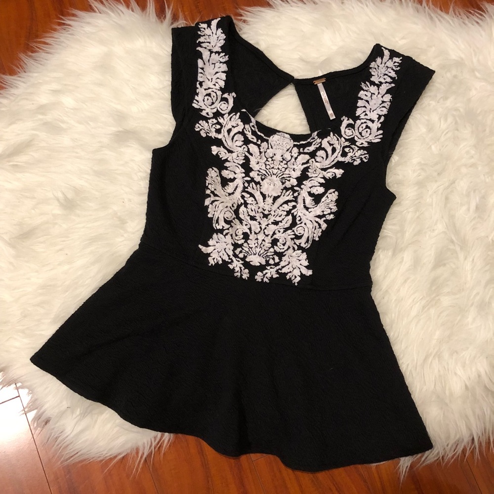 Free People Textured Peplum Top with Floral Design